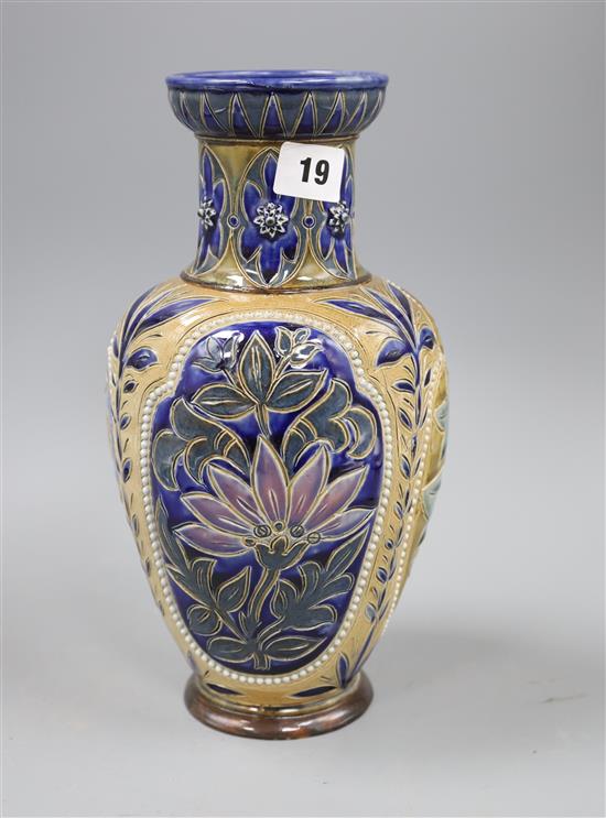A Doulton Lambeth trilobed vase, by Frances E Lee, dated 1879, H. 28.5cm